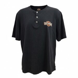 Harley Davidson Shirt Mens Medium Black Henley Embroidered Chest Logo Spell out